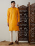 Vastramay Men's Yellow And Cream Solid Kurta With Pant Style Cotton Pyjama Set