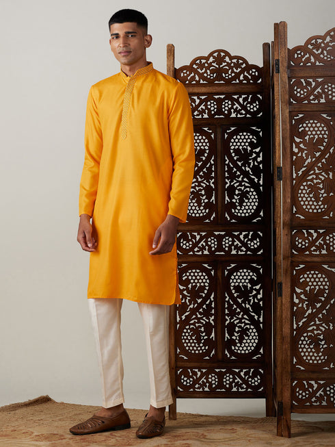 Vastramay Men's Yellow And Cream Solid Kurta With Pant Style Cotton Pyjama Set