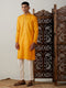 Vastramay Men's Yellow And Cream Solid Kurta With Pant Style Cotton Pyjama Set