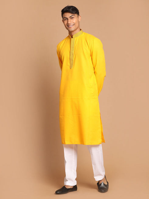 Vastramay Men's Yellow And White Solid Kurta With Pant Style Cotton Pyjama Set