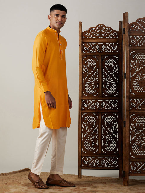 Vastramay Men's Yellow And Cream Solid Kurta With Viscose Pant Style Viscose Pyjama Set