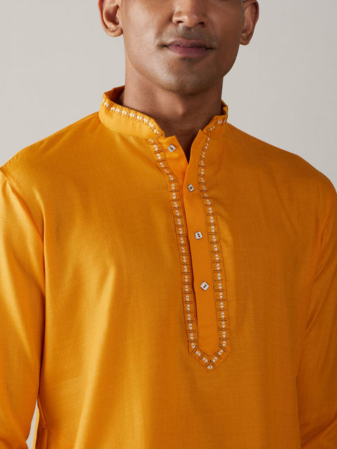 Vastramay Men's Yellow And Cream Solid Kurta With Viscose Pant Style Viscose Pyjama Set