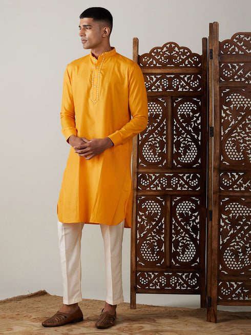 Vastramay Men's Yellow And Cream Solid Kurta With Viscose Pant Style Viscose Pyjama Set