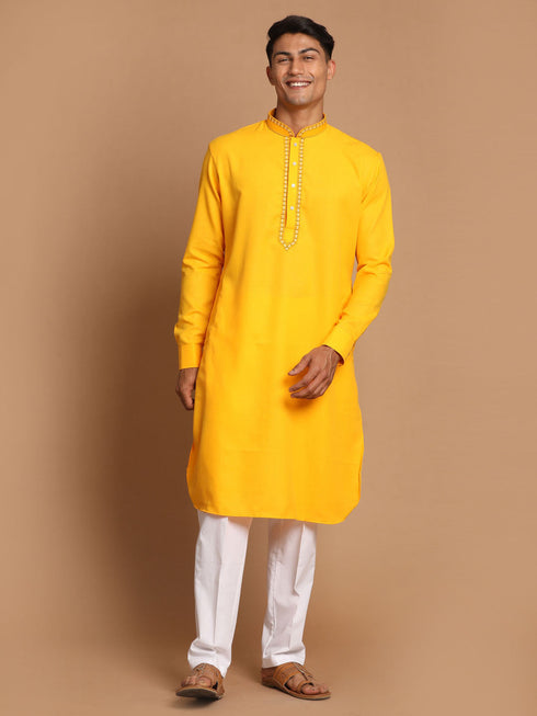 Vastramay Men's Yellow And White Solid Kurta With Pant Style Cotton Pyjama Set
