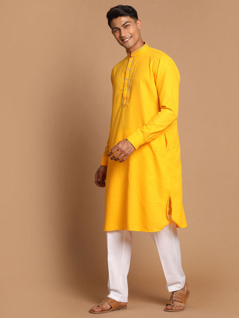 Vastramay Men's Yellow And White Solid Kurta With Pant Style Cotton Pyjama Set