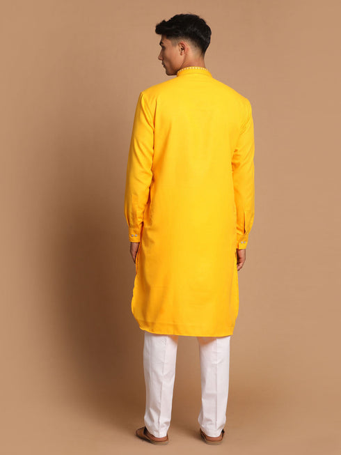 Vastramay Men's Yellow And White Solid Kurta With Pant Style Cotton Pyjama Set