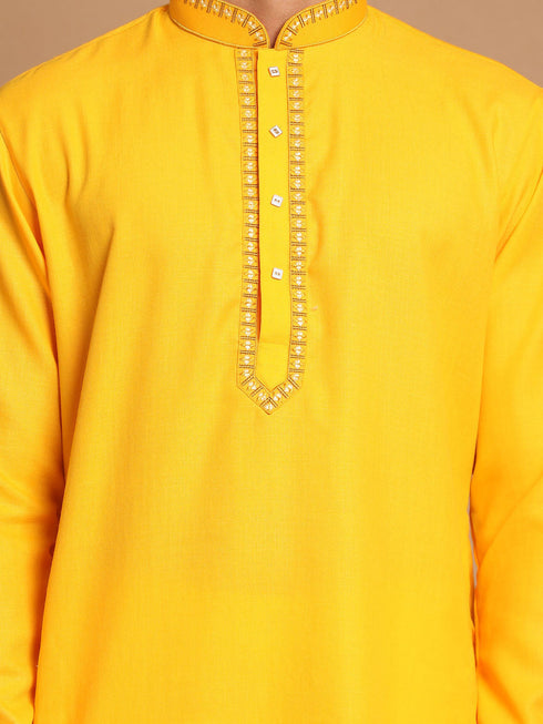 Vastramay Men's Yellow And White Solid Kurta With Pant Style Cotton Pyjama Set