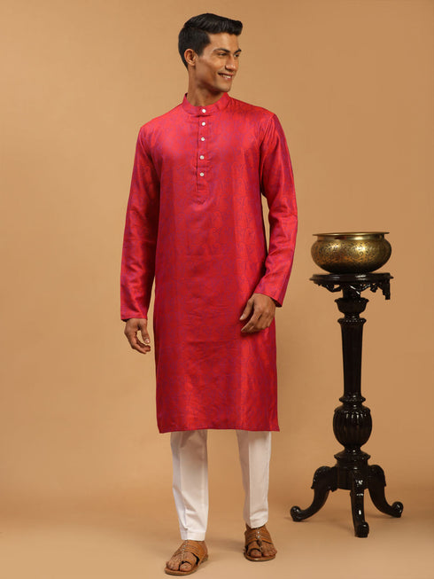 Vastramay Men's Red Paisley Brocade Silk Kurta And White Solid Pant Set
