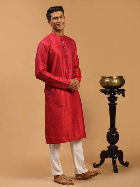Vastramay Men's Red Paisley Brocade Silk Kurta And White Solid Pant Set