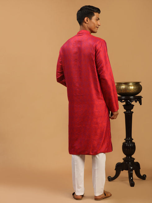 Vastramay Men's Red Paisley Brocade Silk Kurta And White Solid Pant Set