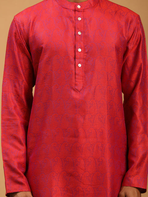 Vastramay Men's Red Paisley Brocade Silk Kurta And White Solid Pant Set