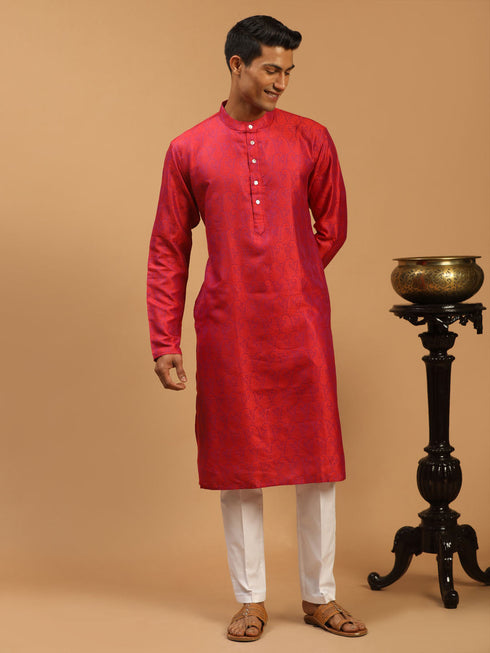 Vastramay Men's Red Paisley Brocade Silk Kurta And White Solid Pant Set