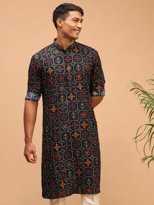 Vastramay Men's Blue Printed Rayon Kurta