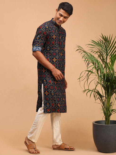 Vastramay Men's Blue Printed Rayon Kurta With Pant Set