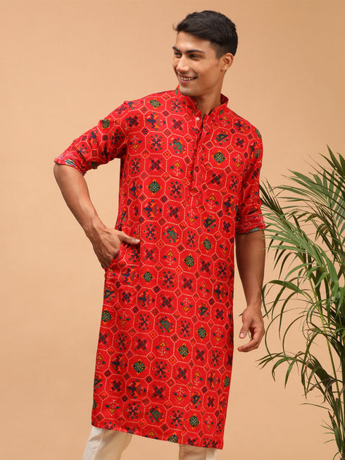 Vastramay Men's Red Printed Rayon Kurta