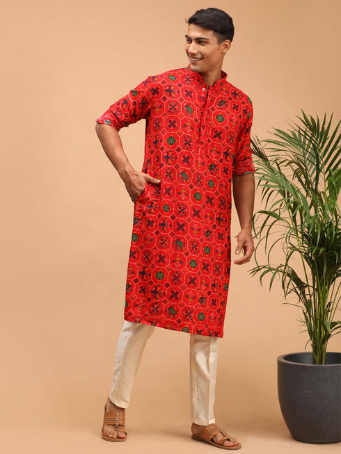 Vastramay Men's Red Printed Rayon Kurta With Pant Set