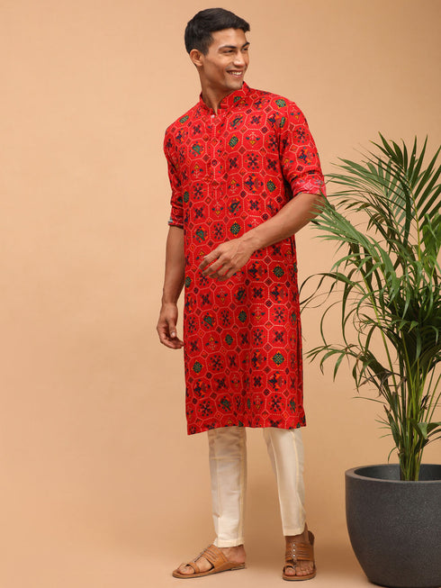 Vastramay Men's Red Printed Rayon Kurta With Pant Set