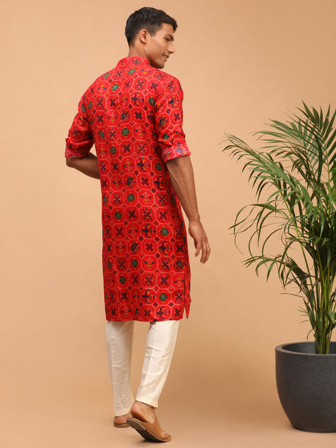 Vastramay Men's Red Printed Rayon Kurta With Pant Set