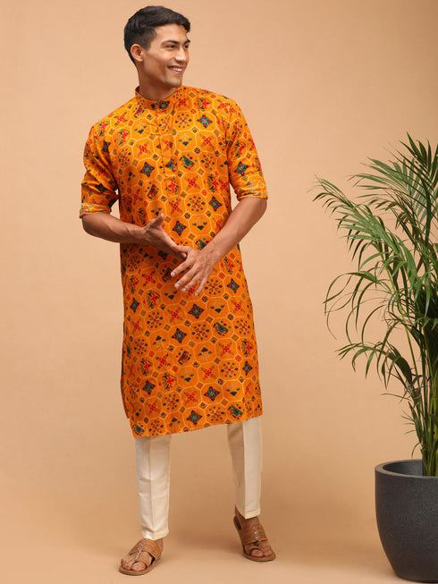 Vastramay Men's Yellow Printed Rayon Kurta With Pant Set