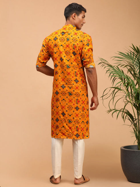 Vastramay Men's Yellow Printed Rayon Kurta With Pant Set