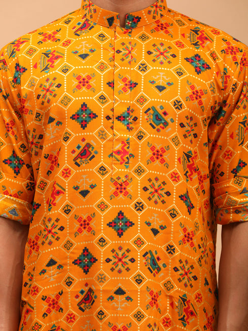 Vastramay Men's Yellow Printed Rayon Kurta With Patiala Set