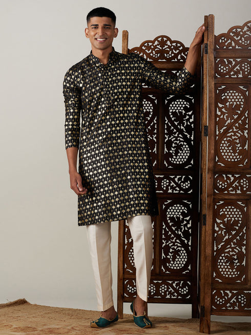 Vastramay Men's Black Foil Printed Kurta With Cream Pant Style Pyjama Set