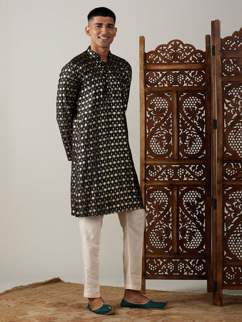 Vastramay Men's Black Foil Printed Kurta With Cream Pant Style Pyjama Set