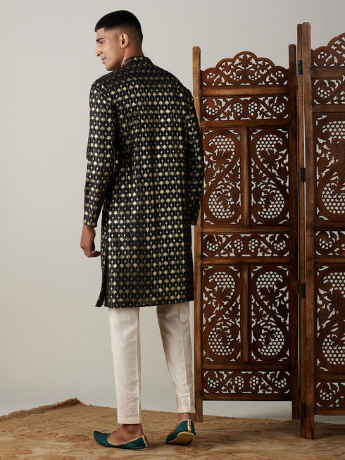 Vastramay Men's Black Foil Printed Kurta With Cream Pant Style Pyjama Set