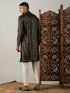 Vastramay Men's Black Foil Printed Kurta With Cream Pant Style Pyjama Set