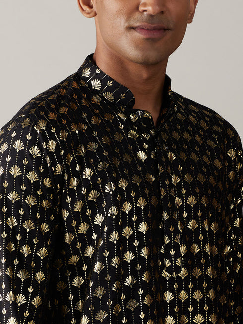 Vastramay Men's Black Foil Printed Kurta With Cream Pant Style Pyjama Set