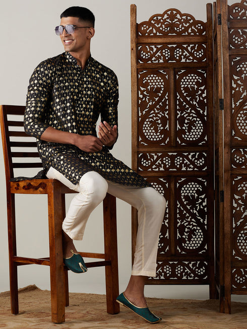 Vastramay Men's Black Foil Printed Kurta With Cream Pant Style Pyjama Set