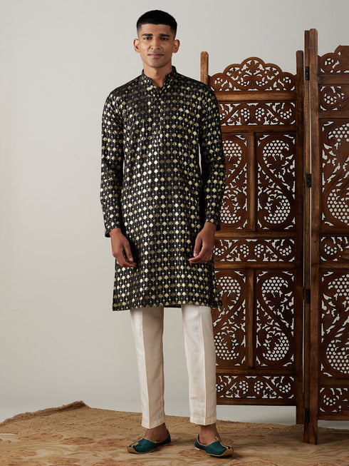 Vastramay Men's Black Foil Printed Kurta With Cream Pant Style Pyjama Set