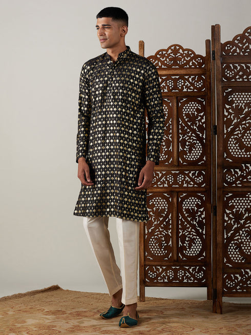 Vastramay Men's Black Foil Printed Kurta With Cream Pant Style Pyjama Set