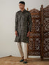 Vastramay Men's Black Foil Printed Kurta With Cream Pant Style Pyjama Set