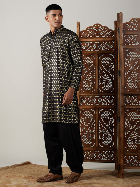 Vastramay Men's Black Foil Printed Kurta With Patiala Set