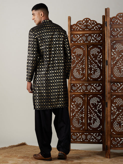 Vastramay Men's Black Foil Printed Kurta With Patiala Set