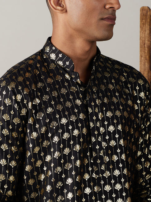 Vastramay Men's Black Foil Printed Kurta With Patiala Set