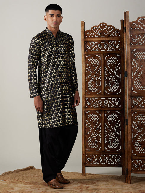 Vastramay Men's Black Foil Printed Kurta With Patiala Set