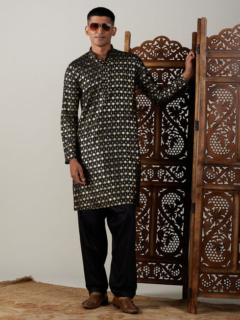 Vastramay Men's Black Foil Printed Kurta With Patiala Set