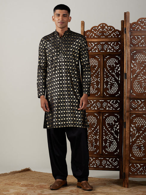 Vastramay Men's Black Foil Printed Kurta With Patiala Set