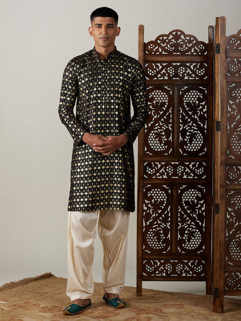 Vastramay Men's Black Foil Printed Kurta With Cream Patiala Set