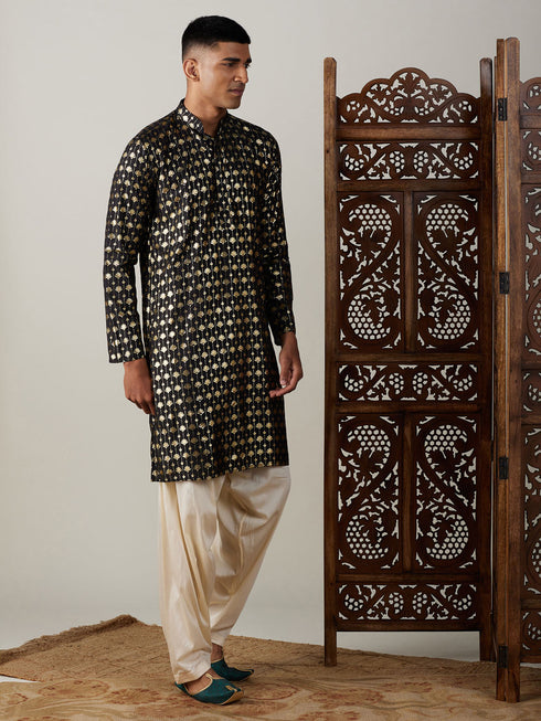 Vastramay Men's Black Foil Printed Kurta With Cream Patiala Set