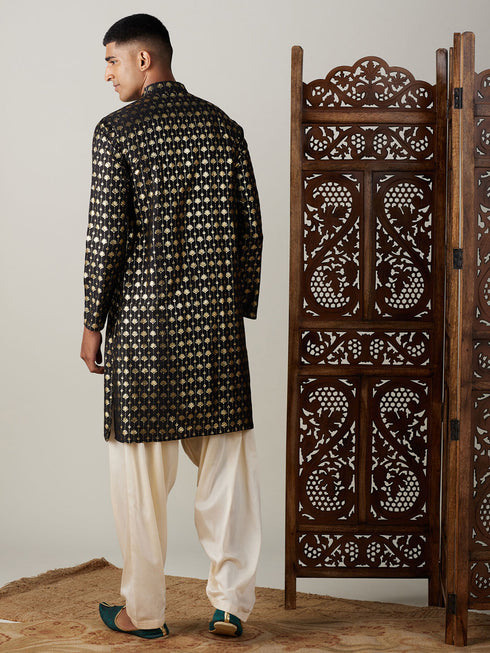 Vastramay Men's Black Foil Printed Kurta With Cream Patiala Set
