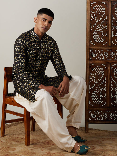 Vastramay Men's Black Foil Printed Kurta With Cream Patiala Set