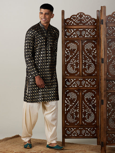 Vastramay Men's Black Foil Printed Kurta With Cream Patiala Set