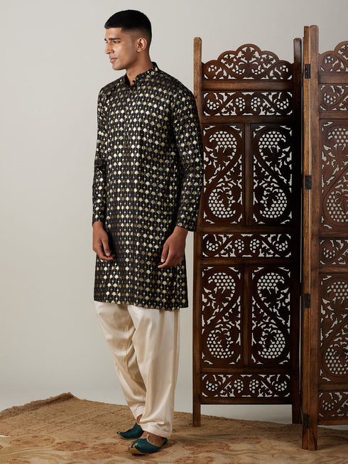 Vastramay Men's Black Foil Printed Kurta With Cream Patiala Set