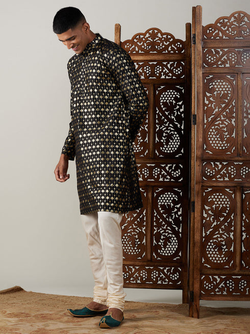 Vastramay Men's Black Foil Printed Kurta With Cream Pyjama Set