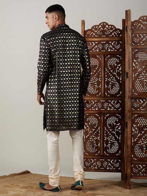 Vastramay Men's Black Foil Printed Kurta With Cream Pyjama Set