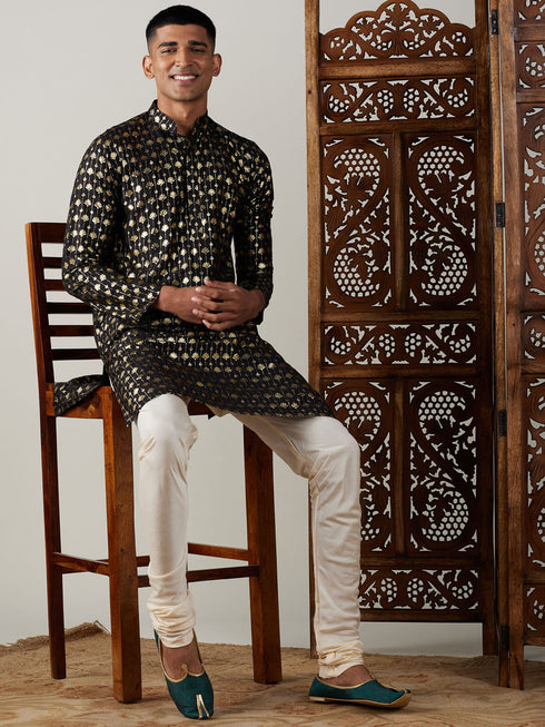 Vastramay Men's Black Foil Printed Kurta With Cream Pyjama Set