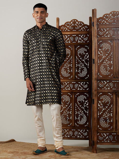 Vastramay Men's Black Foil Printed Kurta With Cream Pyjama Set